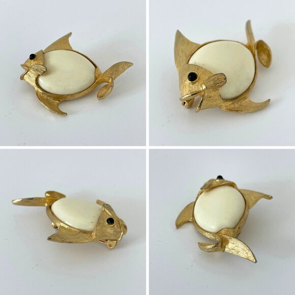 Vintage J.J. Brooch Fish Jonette Jewelry Company Gold tone Cream Signed Jewelry - Picture 7 of 9